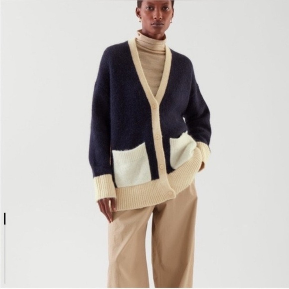 COS V-Neck Patch Pocket Cardigan Women L Navy Brown Alpaca Wool Blend Colorblock